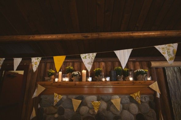 A lodge style wedding with banner wedding decorations 