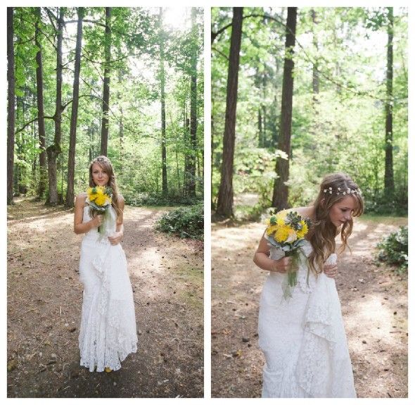 A woodsy rustic bride with a boho style dress