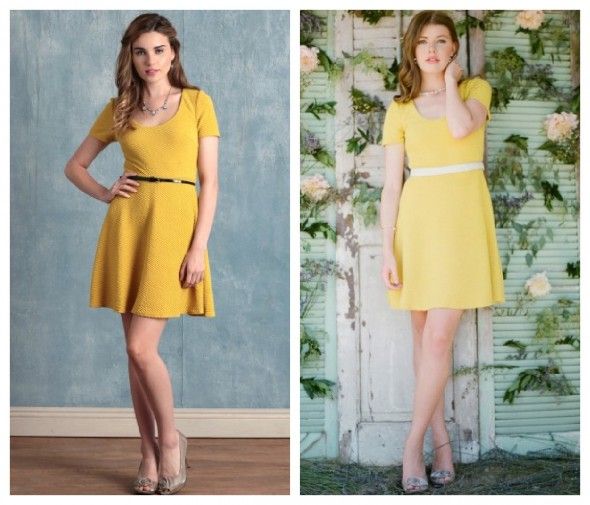 A yellow bridesmaid dress with a belt for a vintage style wedding