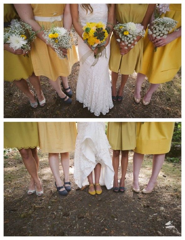 Yellow bridesmaid dresses at an outdoor rustic style wedding
