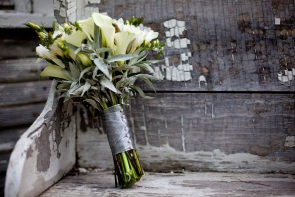 A rustic wedding bouquet of flowers