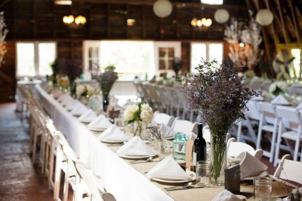 Long farm tables at a rustic wedding 
