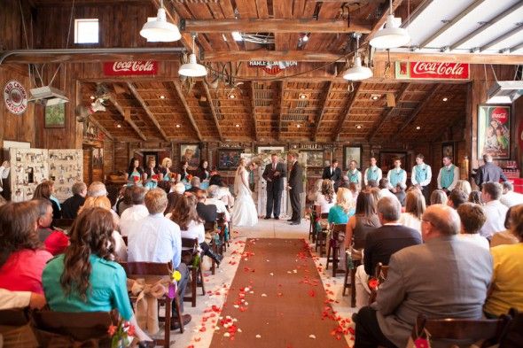 A wedding ceremony in a barn 