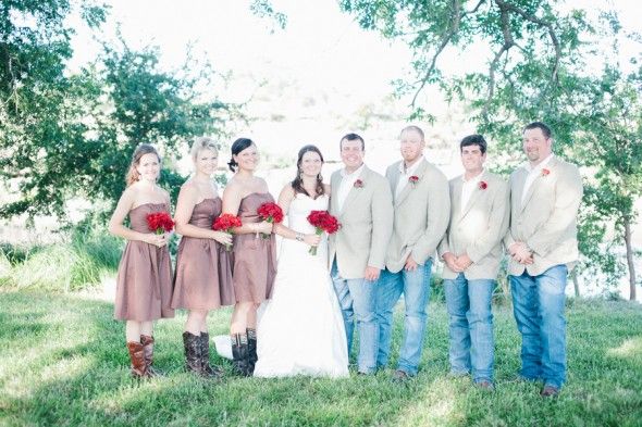 Country wedding party with groom in jeans