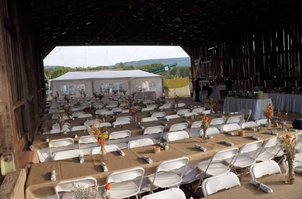 A barn wedding and the wedding tables