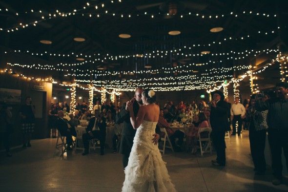 String lights at a barn wedding
