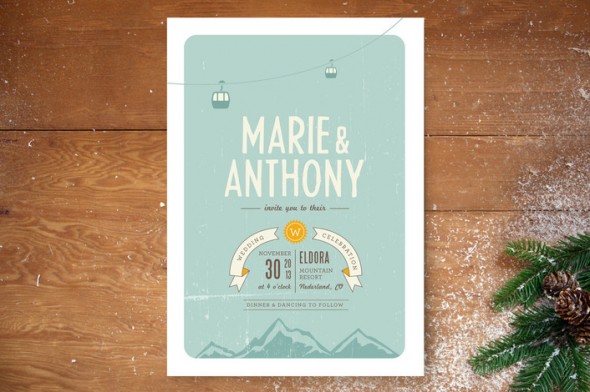 a ski wedding invitation for a winter rustic ski wedding