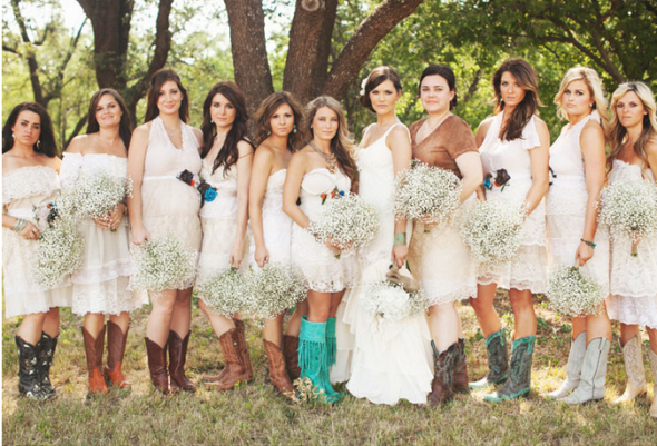Bridesmaids in different color cowboy boots