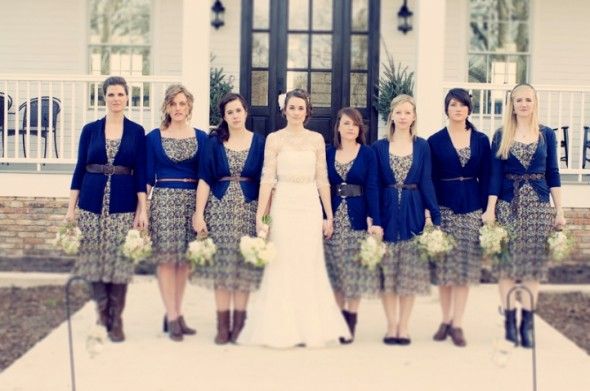 Bridesmaid dresses with a pattern and a sweater
