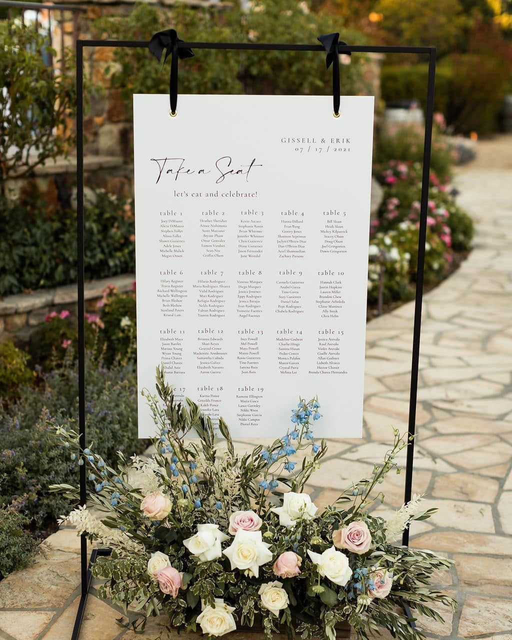 Wedding seating chart sign display with florals