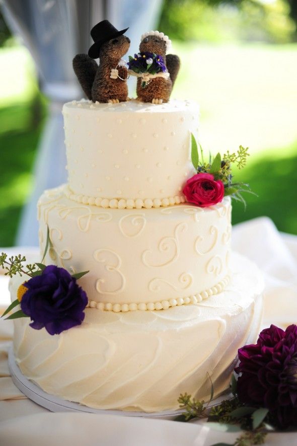 White Wedding Cake With Animal Cake Topper