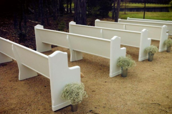 Find out where to rent church pews for an outdoor wedding