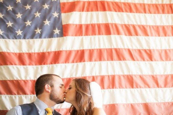 Bride And Groom With American Flag