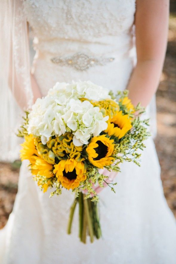 Southern Wedding Sunflower Bouquet and Beaded Dress