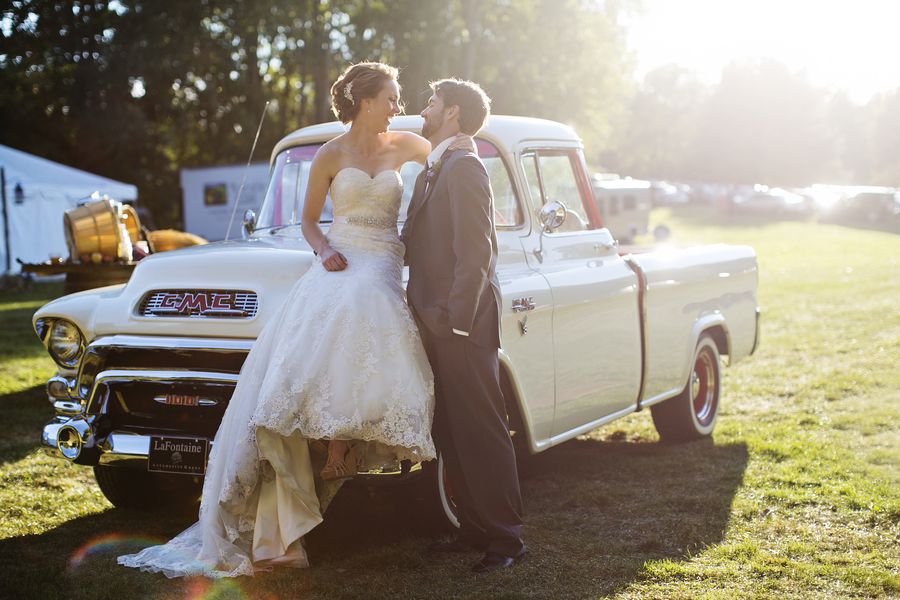 Bride and groom with pickup truck