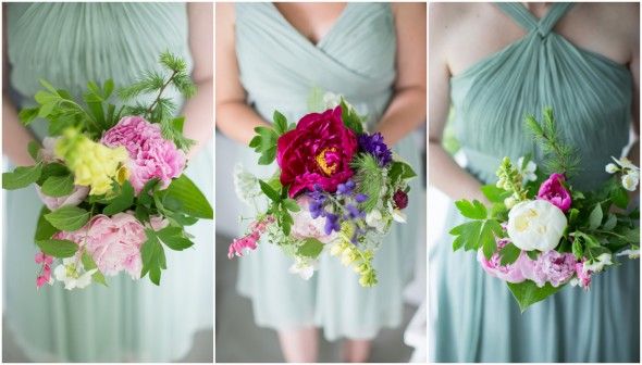 Barn Wedding MInt Green Bridesmaids Dresses and Colorful Bouquets