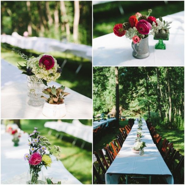 Backyard wedding tables and flowers