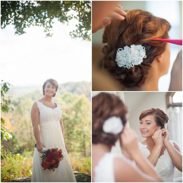 Country wedding brides dress and hair