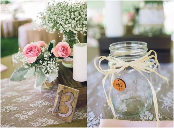 Country wedding outdoor reception table numbers and mason jar