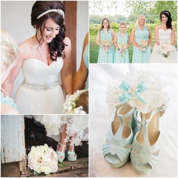 Mint colored bridesmaid dresses and shoes