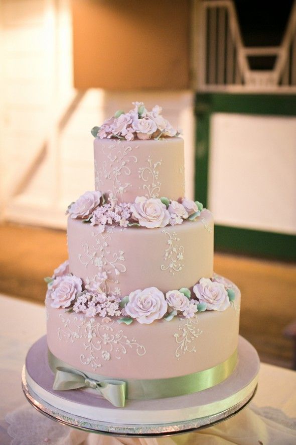 Wedding Cake with Flowers and Ribbon