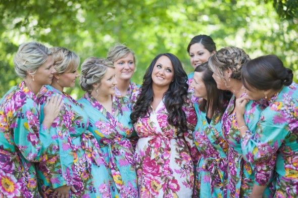 Country Wedding Bridesmaids and Bride in Floral Robes