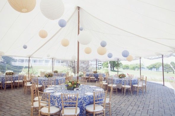 Maine Coastal Wedding Reception Tent with Large Hanging Lanterns