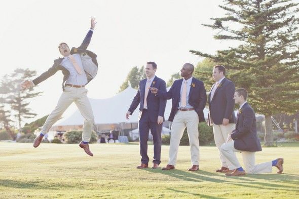 Maine Coastal Wedding Groom in Suit and his Groomsmen in Khakis and Jackets