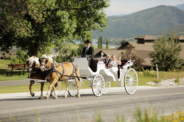 Country Wedding Arriving by Horse Drawn Carriage