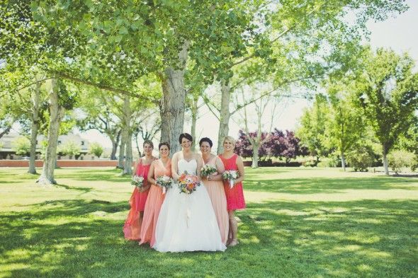 California Bride & Bridesmaids in Coral and Melon Colored Dresses