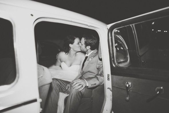 California Wedding Couple Exit in Vintage Car
