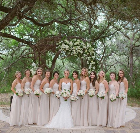 Bridesmaids in Long Champagne Colored Strapless Dresses