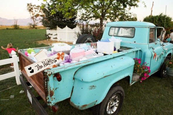 Backyard Wedding Vintage Pickup Filled with Gifts