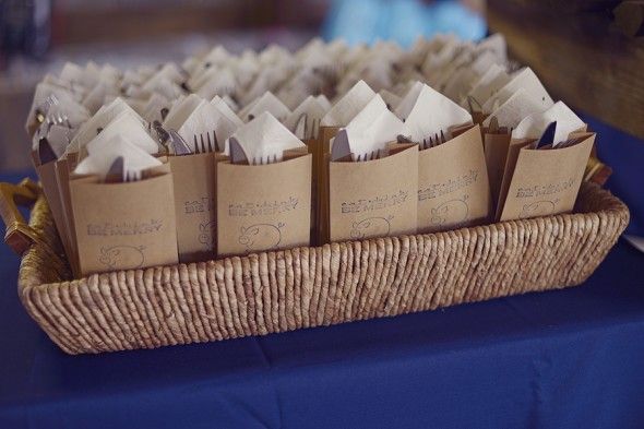 Charming Stamped Brown Bags hold Utensils for this Country Wedding