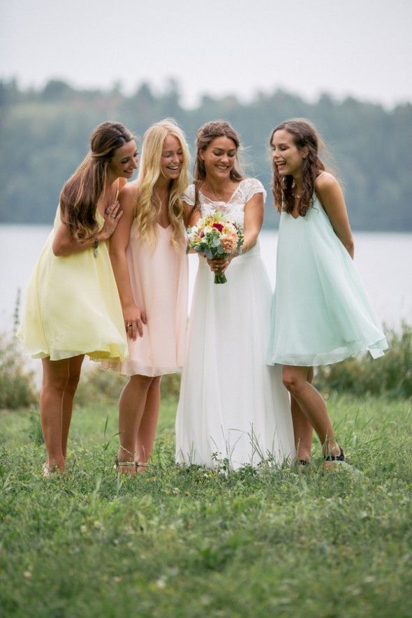 Swedish Countryside Wedding Bridesmaids in Pastel Short Dresses