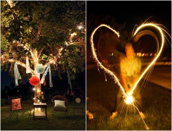 Backyard Wedding Lights and Sparklers