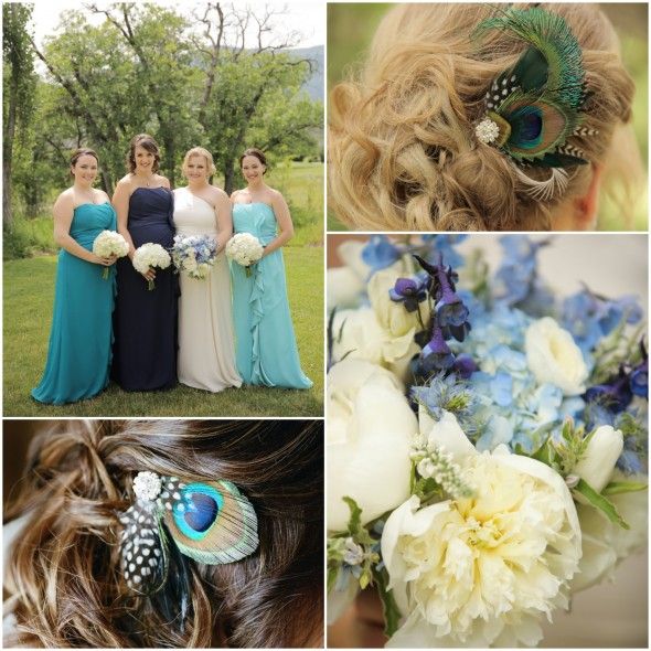 Country Wedding Bride and Bridesmaids with Peacock Feathers
