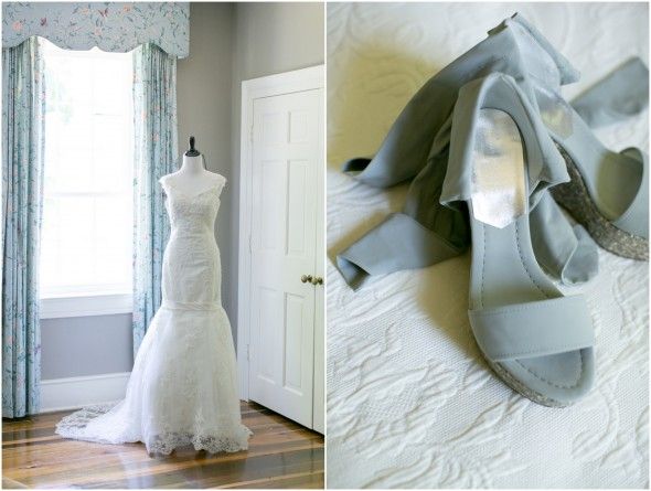 Lace Wedding Dress and Blue Shoes