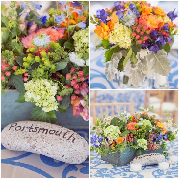 Maine Coastal Wedding Towns serve as Table Markers and Beautiful Farm Flowers for Centerpieces