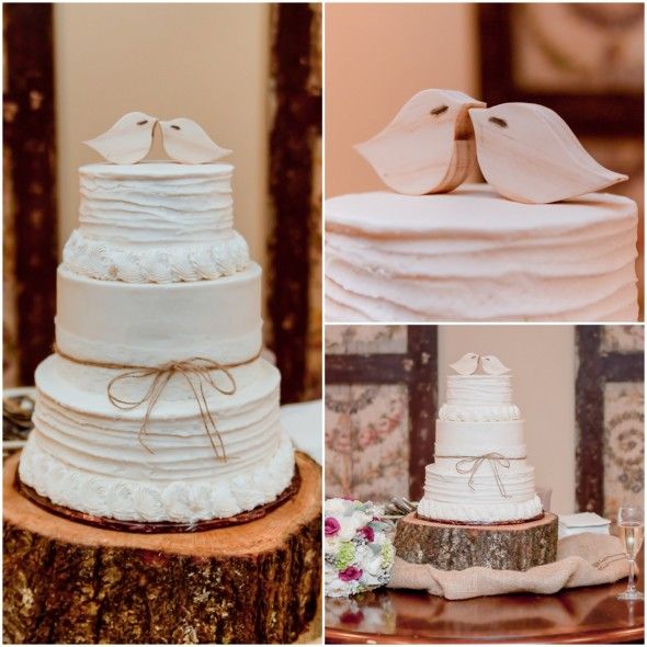 Simple White Wedding cake with Carved Birds as Cake Topper