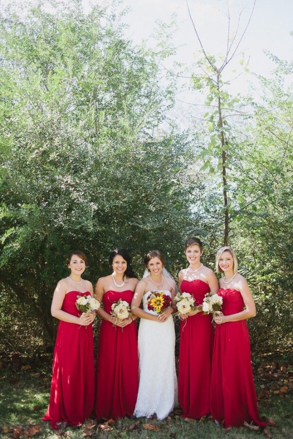 Red Bridesmaid Dresses At Farm Wedding
