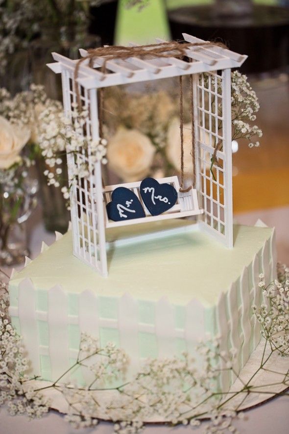 Picket Fence Wedding Cake with Trellis Swing and Hearts