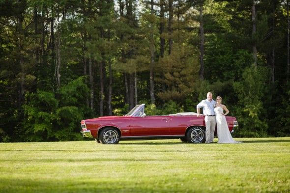 Country Wedding Couple with Red Convertible