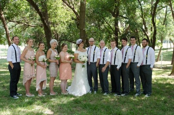 Backyard Wedding with Groomsmen in Suspenders and Bridesmaids Pretty in Pink