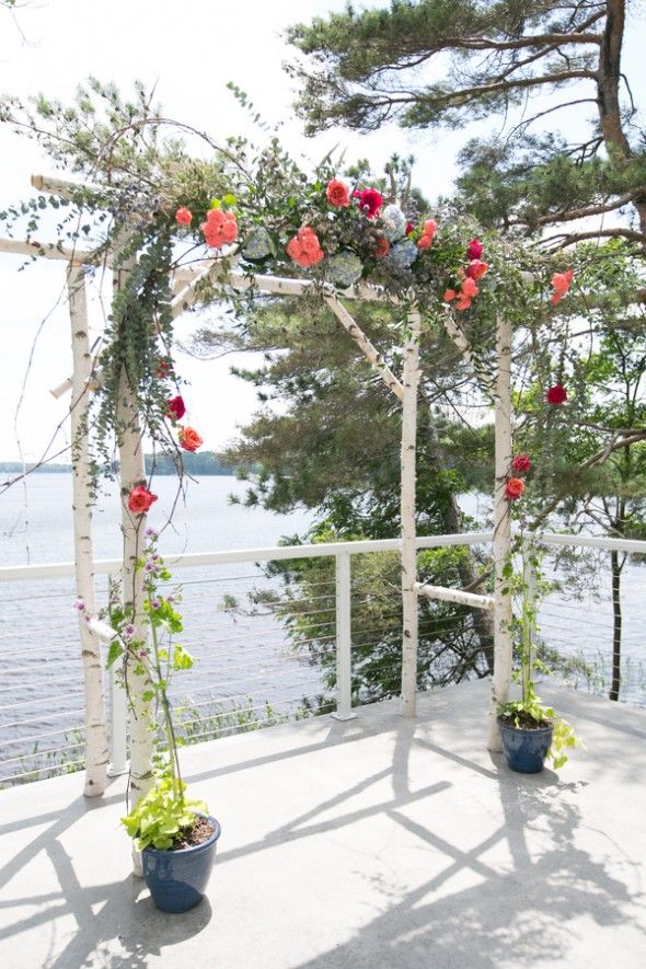 Birch Wedding Arbor with Flowers and Antlers