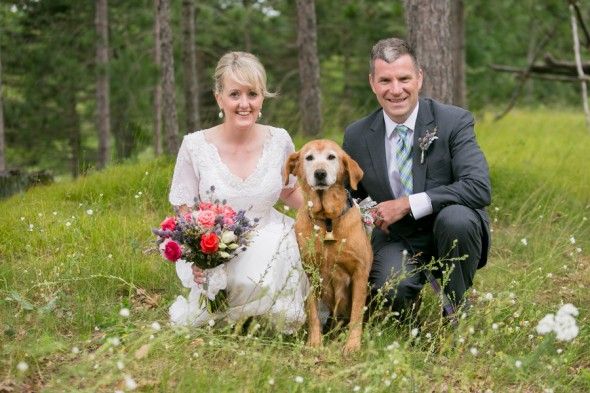 Bride and Groom Plus Dog at a Country Wedding