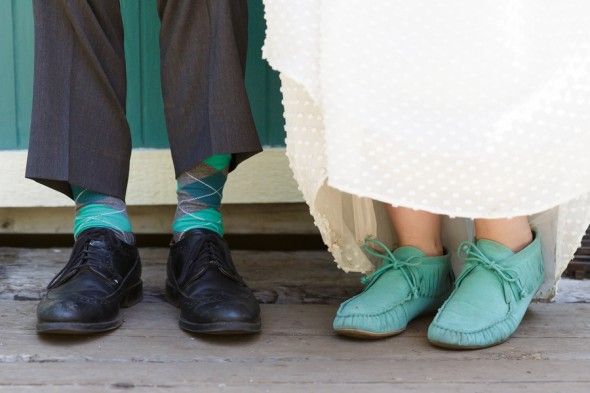 Turquoise Moccasins for the Bride and Turquoise Plaid Socks for the Groom