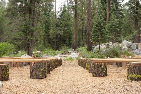Logs and Wood Benches for Outdoor Wedding Ceremony Seating