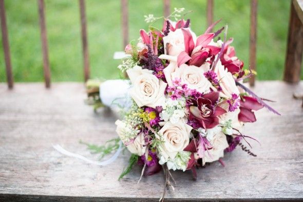Country Bridal Bouquet with Maroon Colored Flowers