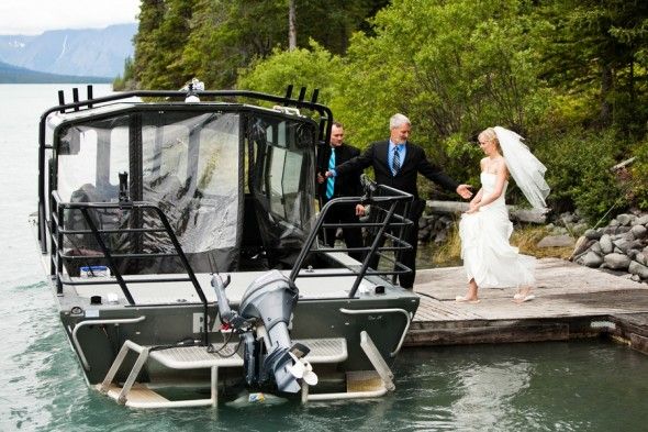 Rustic Wedding Bride Arrives by Boat